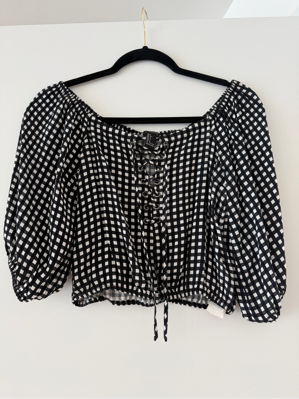 Forever 21 Black and White Gingham Lace-Up Peasant Blouse